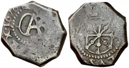 1678. Carlos II. Pamplona. 1 maravedí. (Cal. tipo 169b) (R.Ros 4.6.2). 2,96 g. S sobre el monograma. Rara. MBC-.