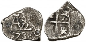 1673. Carlos II. Potosí. 1/2 real. (Cal. tipo 152, falta fecha) (Paoletti pág. 91). 1,17 g. Fecha de tres dígitos en anverso. Rara. BC+.