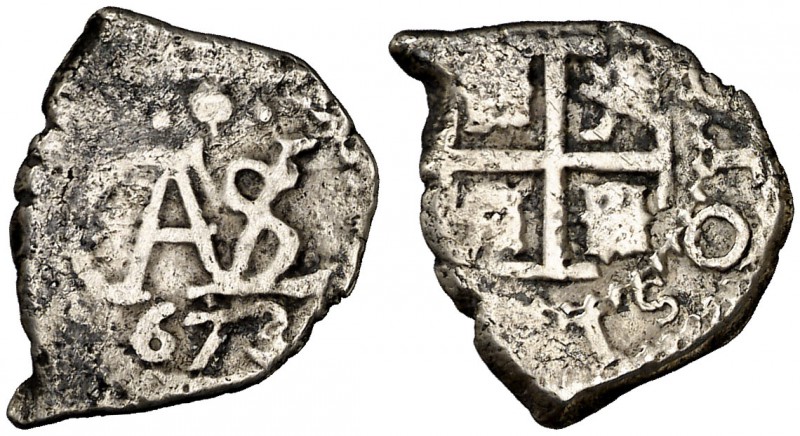 1673. Carlos II. Potosí. 1/2 real. (Cal. tipo 152, falta fecha) (Paoletti pág. 9...