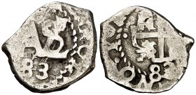 1683. Carlos II. Potosí. 1/2 real. (Cal. 834) (Paoletti pág. 93). 1,76 g. Triple fecha: tres dígitos en anverso, y dos y cuatro parcialmente visibles ...