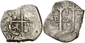 1669. Carlos II. Potosí. E. 1 real. (Cal. 705). 3,20 g. Doble fecha y doble ensayador. Valor sin puntos. MBC-.