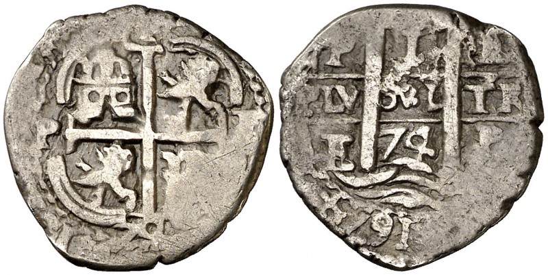 1674. Carlos II. Potosí. E. 1 real. (Cal. 710). 2,52 g. Triple fecha, la de la l...