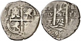 1674. Carlos II. Potosí. E. 1 real. (Cal. 710). 2,52 g. Triple fecha, la de la leyenda con los cuatro dígitos visibles, y triple ensayador. Muy redond...