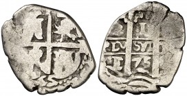 1665 y 1675. Carlos II. Potosí. E. 1 real. (Cal. falta) (Kr. 23, no indica precio). 2 g. Doble fecha: 1665 en anverso, con cuño reaprovechado de Felip...