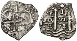 1678. Carlos II. Potosí. E. 1 real. (Cal. 714). 1,81 g. Triple fecha, una parcial. Granada sobre el valor en reverso. Oxidaciones. Ex Áureo 20/04/2005...