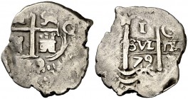 1679. Carlos II. Potosí. C. 1 real. (Cal. 716). 2,26 g. Doble fecha y doble ensayador. Escasa. MBC.