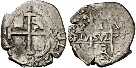 1693. Carlos II. Potosí. . 1 real. (Cal. 732). 3,40 g. Doble fecha, una parcial y triple ensayador. Visible parte del nombre y ordinal del rey. MBC.