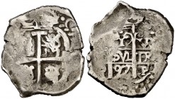 1697. Carlos II. Potosí. . 1 real. (Cal. tipo 134, falta fecha con este ensayador). 3,04 g. Punto sobre el valor. Rara. MBC.