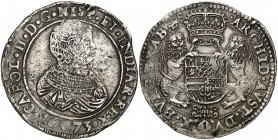 1673. Carlos II. Bruselas. 1 ducatón. (Vti. 506) (Vanhoudt 692.BS) (Van Gelder & Hoc 348-2a). 31,85 g. Oxidaciones limpiadas. (MBC-).
