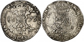 1673. Carlos II. Brujas. 1 patagón. (Vti. 435) (Vanhoudt 698.BG) (Van Gelder & Hoc 350-4a). 28,03 g. MBC.