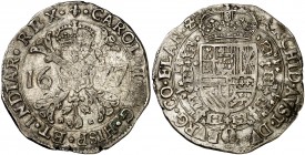 1677. Carlos II. Brujas. 1 patagón. (Vti. 439) (Vanhoudt 698.BG) (Van Gelder & Hoc 350-4a). 28,17 g. MBC/MBC+.