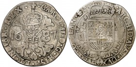 1687. Carlos II. Brujas. 1 patagón. (Vti. 447) (Vanhoudt 698.BG) (Van Gelder & Hoc 350-4a). 24,85 g. El 6 de la fecha rectificado sobre otro 6. MBC-.