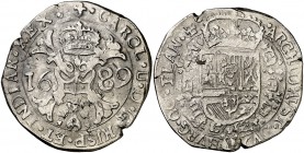 1689. Carlos II. Brujas. 1 patagón. (Vti. 449) (Vanhoudt 698.BG) (Van Gelder & Hoc 350-4a). 27,32 g. Los dos I del ordinal unidos. Rayitas. MBC-.