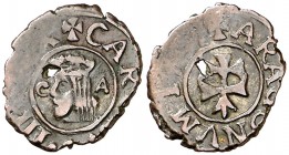 1707. Carlos III, Pretendiente. Zaragoza. 1 dinero. (Cal. 58) (Cru.C.G. 5019a). 0,73 g. Visible el ordinal del rey. Hojita saltada. (MBC-).