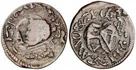 1708. Carlos III, Pretendiente. Barcelona. 1 ardit. (Cal. 47) (Cru.C.G. 5006). 1,31 g. Acuñada sobre un ardit de Felipe IV de 1653. MBC+.
