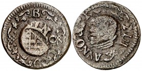 1709. Carlos III, Pretendiente. Barcelona. 1 ardit. (Cal. 48) (Cru.C.G. 5006a). 1,41 g. Acuñada sobre un ardit de Felipe IV. MBC.