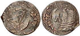 1709. Carlos III, Pretendiente. Barcelona. 1 ardit. (Cal. 48) (Cru.C.G. 5006a). 1,19 g. Acuñada sobre un ardit falso de Felipe IV de 1663. Muy curiosa...