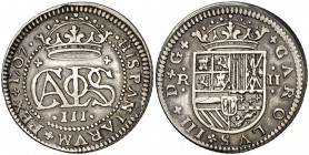 1707. Carlos III, Pretendiente. Barcelona. 2 reales. (Cal. 23). 4,88 g. Escasa. MBC.