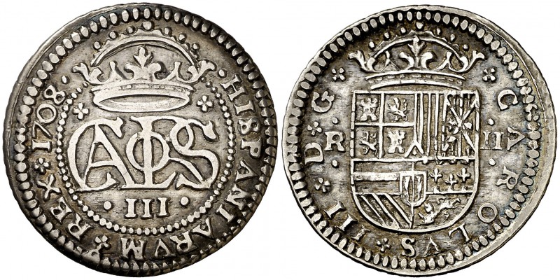 1708. Carlos III, Pretendiente. Barcelona. 2 reales. (Cal. 24). 5,21 g. Buen eje...