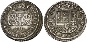 1713. Carlos III, Pretendiente. Barcelona. 2 reales. (Cal. 29). 5,65 g. Descentrada. Escasa. MBC+.