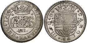 1714/3. Carlos III, Pretendiente. Barcelona. 2 reales. (Cal. tipo 5, falta rectificación). 4,85 g. Muy rara. MBC-.