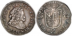 1726. Carlos III, Pretendiente. Milán. 10 soldi. (Vti. falta) (MIR. 416/4) (Crippa 22). 1,82 g. Con el título de rey de España. Leve defecto de cospel...