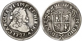 1727. Carlos III, Pretendiente. Milán. 10 soldi. (Vti. falta) (MIR. 416/5) (Crippa 22/E). 1,76 g. Con el título de rey de España. Golpecitos. Ex Áureo...