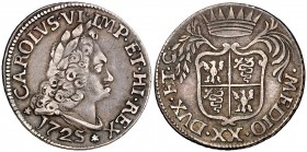 1725. Carlos III, Pretendiente. Milán. 20 soldi. (Vti. falta) (MIR. 414/4) (Crippa 20D). 3,71 g. Con el título de rey de España. Bonita pátina. Rara. ...