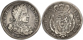 1715. Carlos III, Pretendiente. Nápoles. IM-MF/A. 1 tari. (Vti. falta) (MIR. 324/1) (Pannuti-Riccio 13a). 4,22 g. Con el título de emperador de Austri...