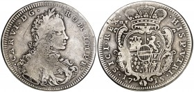 1715. Carlos III, Pretendiente. Nápoles. IM-MF/A. 1/2 ducado. (Vti. falta) (MIR. 322) (Pannuti-Riccio 9). 10,35 g. Escasa. BC+/MBC-.