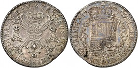 1709. Carlos III, Pretendiente. Amberes. 1 patagón. (Vti. 26) (Vanhoudt 764.AN) (Van Gelder & Hoc 377-1a). 28,16 g. Canto estriado. Hojita en anverso....