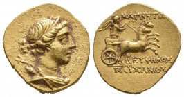 IONIA. Magnesia ad Meandrum. Ca. mid-2nd century BC. AV stater. Ca. 155-145 BC. Euphemus and Pausanius, magistrates. Draped bust of Artemis right, wea...
