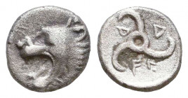 DYNASTS OF LYCIA. Trbbenimi. (Circa 390-375 BC). AR Limyra mint. Obv: Head of roaring lion left; T above. Rev: Triskeles; Zemuri (=Limyra) around; all...