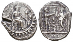 Tarsos - Datames - Ana Stater. 378-372 BC. Cilicia mint. Obv: 'BLTRZ' legend with Baaltars seated right, torso facing, holding grain ear, bunch of gra...