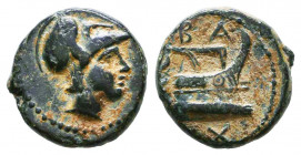 KINGS of MACEDON. Demetrios I Poliorketes Ae . Salamis, circa 300-295 BC. Helmeted head of Athena to right / Prow of galley to right,

Condition: Very...