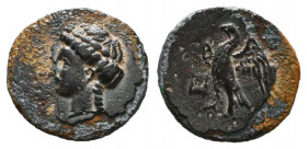 CARIA, Halikarnassos . Circa 2nd - 1st Century BC. Æ. Laureate head of Apollo left, eagle standing left with open wings; lyre before. SNG Helsinki 50;...