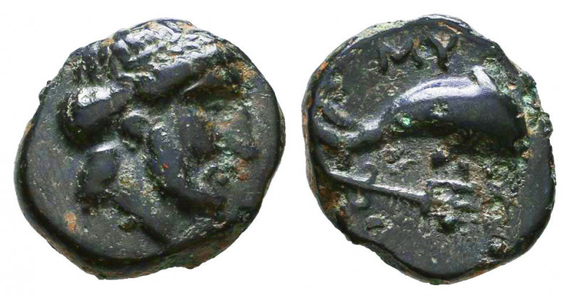 Caria. Mygissos circa 400-300 BC. Ae.
Laureate, and bearded head of Poseidon rig...