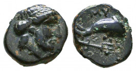 Caria. Mygissos circa 400-300 BC. Ae.
Laureate, and bearded head of Poseidon right / [MY], dolphin right, trident below.
very fine
SNG Kayhan 857 (Myo...