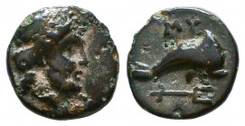 Caria. Mygissos circa 400-300 BC. Ae.
Laureate, and bearded head of Poseidon right / [MY], dolphin right, trident below.
very fine
SNG Kayhan 857 (Myo...