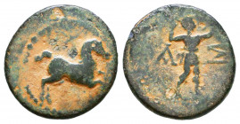 Pamphylia. Aspendos circa 200-0 BC.
Horse galloping right / A-Σ, slinger standing right, throwing bullet.
nearly very fine
SNG France 148; SNG Copenha...