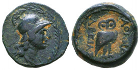 MYSIA. Pergamon. Ae (Circa 133-27 BC).
Obv: Helmeted head of Athena right within wreath.
Rev: AΘHNAΣ / APEIAΣ.
Owl standing right, head facing.
Von Fr...