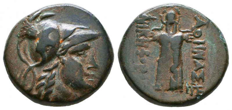 Pergamon , Mysia. AE 20 (6.59 g), c. 200-133.
Obv. Helmeted head of Athena right...