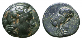 AEOLIS. Neonteichos. Ae (Circa 2nd century BC).
Obv: Helmeted head of Athena right.
Rev: Owl standing right, head facing; monogram below.
SNG von Aulo...