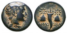 PONTOS. Amaseia. Ae (Circa 120-100 BC).
Obv: Winged and draped bust right.
Rev: AMAΣΣEIAΣ.
Cornucopia flanked by piloi surmounted by stars.
SNG BM Bla...