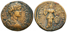 PONTUS, Amasia. Caracalla. AD 198-217. Æ . Dated CY 208 (AD 206/7). Laureate, draped, and cuirassed bust right / Athena standing facing, head left, ho...