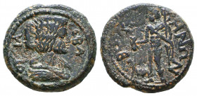 PHRYGIA. Bruzus. Julia Domna (Augusta, 193-217). Ae. Obv: IOYΛIA CЄBAC. Draped bust right. Rev: BPOYZHNΩN. Hermes standing left, holding purse and cad...