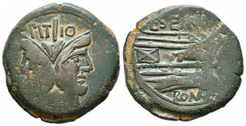 L. Sempronius Pitio. 148 B.C. AE. Rome mint. PI-TIO above, laureate head of bearded Janus; I above / L SEMP / ROMA, prow of galley right; I to right. ...