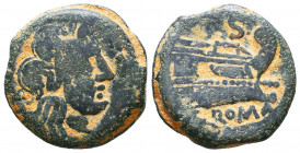 Anonymous. 157-156 BC. Æ Semis. Rome mint. Laureate head of Saturn right; S (mark of value) to left / Prow of galley right; S (mark of value) to right...