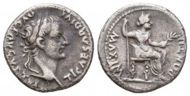 Tiberius (AD 14-37). AR denarius. Lugdunum, ca. AD 18-35. TI CAESAR DIVI AVGVSTVS, laureate head of Tiberius right / PONTIF MAXIM, Livia (as Pax), hol...