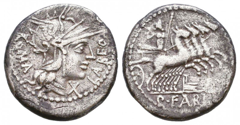 Cn. Carbo. 121 BC. AR Denarius  Helmeted head of Roma right; X behind / Jupiter,...